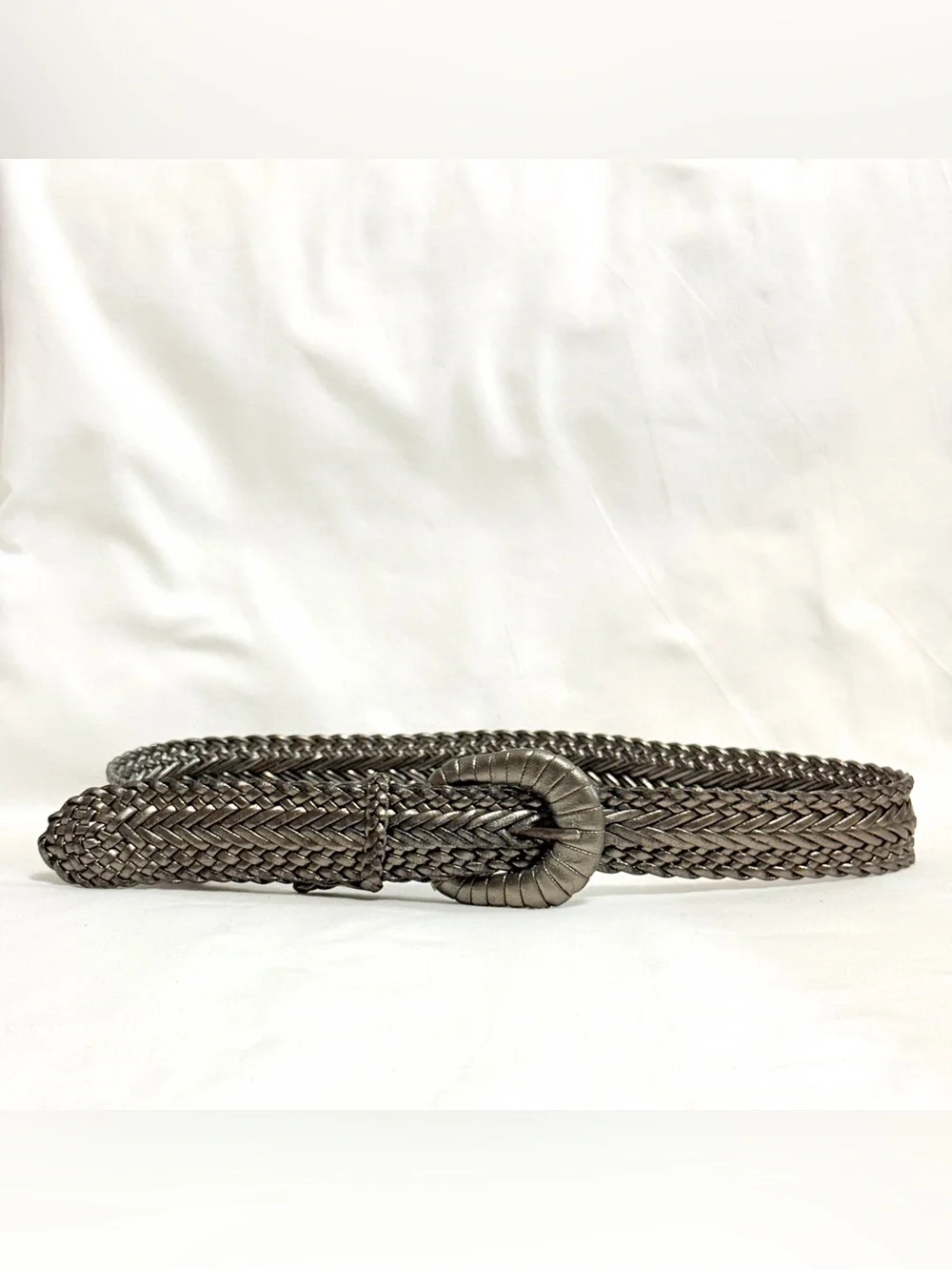 Vintage Metallic Silver Braided Belt Boho Woven Round Buckle S/M